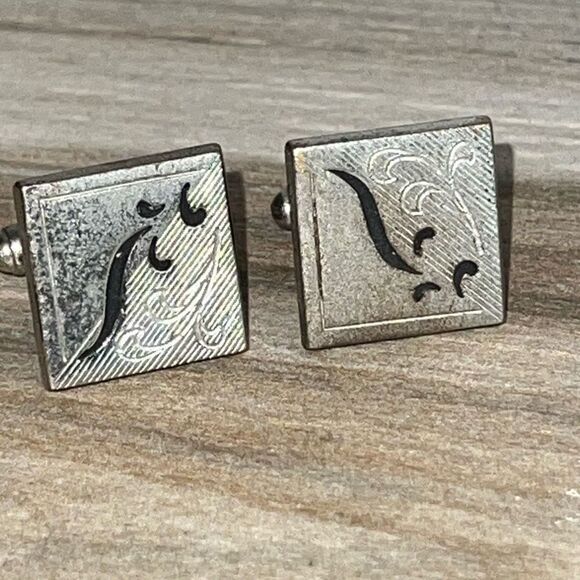 Vintage Retro Cufflink Lot Men’s Silver Tone Square Etched Oval Polished Classic - Picture 3 of 7